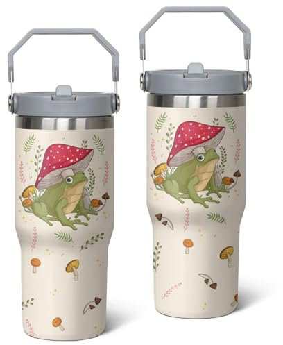 Unyopsa Frog Tumbler with Straw 30oz Insulated Mushroom Tumbler with Lid Cute Frog Mugs Cup with Handle Frog Gifts for Women