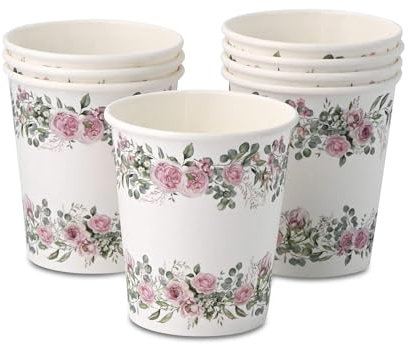 ECOFIESTA 8x Pappbecher für Geburtstage 200 ml Rosen & Eukalyptus - Papierbecher plastikfrei - Candybar Becher, JGA Deko