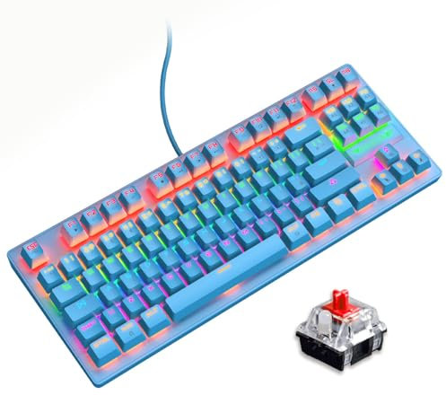 K2 Wired 80% Percent Mechanical Gaming Keyboard, UK Layout Rainbow Backlit Light Up Tenkeyless Keyboard with Linear Red Switch, Compact TKL 88 Keys, Ergonomic Stand, Waterproof for PC/Mac - Blue