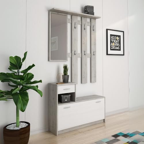 Mueble de Entrada con Zapatero en Cemento y Blanco - Rudolf