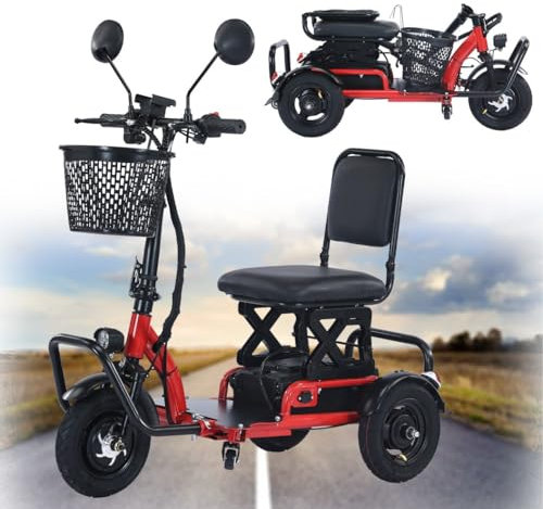 HZWJD 3-Rad-Mobilitätsroller,Reisemobilitätsroller,Elektro Dreirad Für Senioren,Rollator 3 Räder,Dreirad Für Erwachsene,Rollstuhl Faltbar Leicht,Für Ältere Menschen Und Behinderte red,20ah