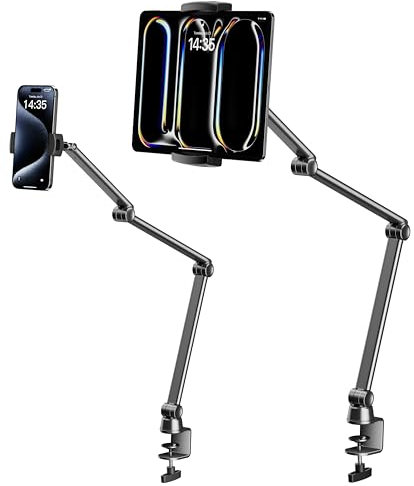 LULULOOK Support Tablette Lit, Support Telephone, en Aluminium, Fixation Puissante & Réglage Multi-Angle, Bras Extensible et 2 Pinces de Serrage, Support Tablette Samsung iPad Phone Liseuse 4,7” à 13”