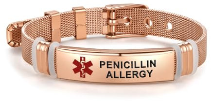 LSxAB Bracelet d'identification médicale rouge or rose pour homme et femme - Bracelet réglable en acier satiné - Premiers secours - Gravé au laser, L, Acier inoxydable, Pas de gemme