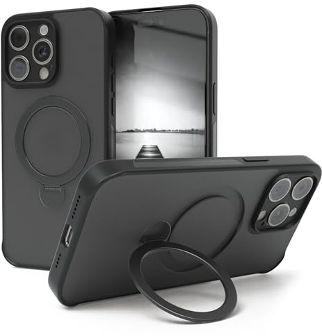 EAZY CASE - MagSafe Handyhülle für iPhone 15 Pro Max kompatibel mit MagSafe Hülle mit Ständer kompatibel mit iPhone 15 Pro Max Hülle mit 360° Ring & Magnetfunktion zum Aufstellen Cover Schwarz