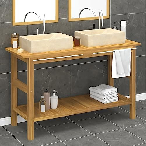 JUDYY Waschtisch mit Creme Marmorbecken Massivholz Teak, Waschbeckenunterschrank, Badezimmerschrank, Badezimmermöbel, Badschrank, Badezimmer Unterschrank, Badezimmer Möbel 3096578