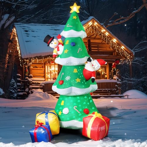 8FT Inflatable Outdoor Christmas Decorations, Blow Up Christmas Tree Party Holiday Yard Decorations Rotating Light Up with 1 Xmas Santa Doll Ornament 1 Snowman 3 Gift Boxes for Garden, Patio, Lawn