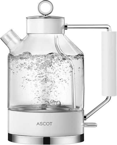 Electric Kettle, ASCOT Glass Electric Tea Kettle 1.5L 2200W Tea Heater & Hot Water Boiler, Borosilicate Glass, BPA-Free, Auto Shut-Off, Boil-Dry Protection White