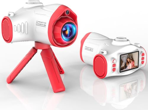 Ukuu Kinderkamera Beamer, 2-in-1 Digitalkamera und Projektor mit Stativ 32G TF-Karte und 2500mAh Akku Kinderkamera Projektor Geschenk für Kinder 3-12 Jahren Rot