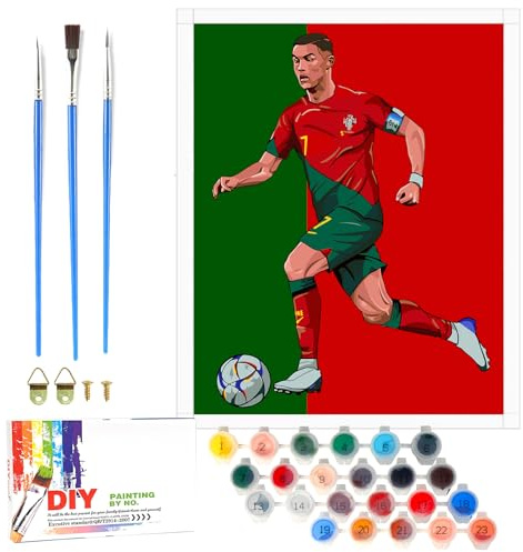 LAISU Fussball Malen Nach Zahlen für Kinder, Junior und Erwachsene Anfänger, CR7 Fußball Painting Bastelset mit Leinwand Pinseln Acrylfarben, 40x50cm Große DIY Gemälde für Jungen Mädchen ab 6 Jahre