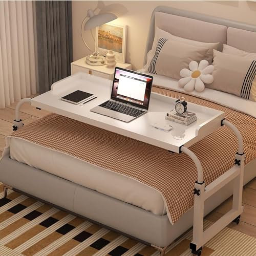 SFSLBFB Drehbarer Überbetttisch, Schreibtisch über dem Bett, Langer Überbetttisch, höhenverstellbar mit Rollen, Betttisch, mobiler Computertisch, ausziehbarer Laptoptisch neben dem Bett (Farbe: Weiß)