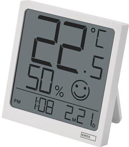 EMOS digitales Raumthermometer und Hygrometer mit Uhr- und Datumanzeige zum Aufstellen/Aufhängen - LCD Display mit Anzeige von schwacher Batterie und Komfortsymbol - für Innen - inkl. Batterie - weiß