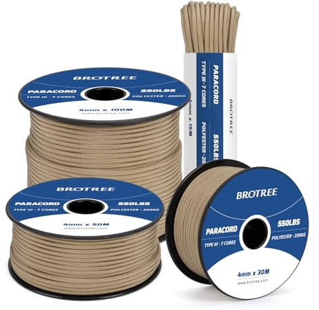 Brotree 550 Paracord 4mm 15m Cuerda Paracaidas 100% Poliéster Tipo III 7 Hebras para Al Aire Libre, Exterior, Supervivencia - Marrón