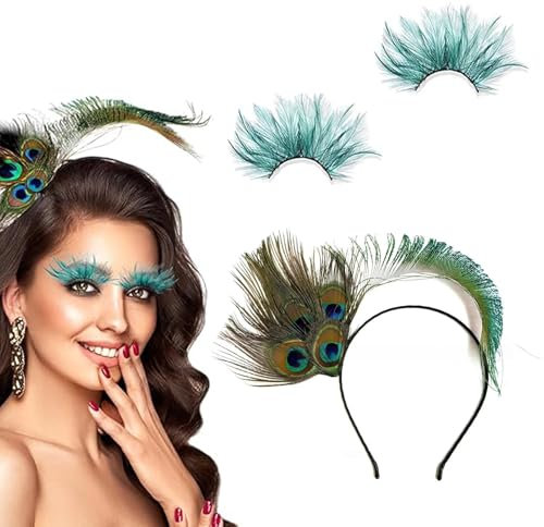 MisFun Pfau Kopfschmuck Karneval mit Wimpern Federn, Pfauenfedern Haarschmuck, Pfau Kostüm Damen,Haarschmuck Federn Karneval, Leicht Feder Haarreifen, Karneval Fasching Maskerade Party Zubehör