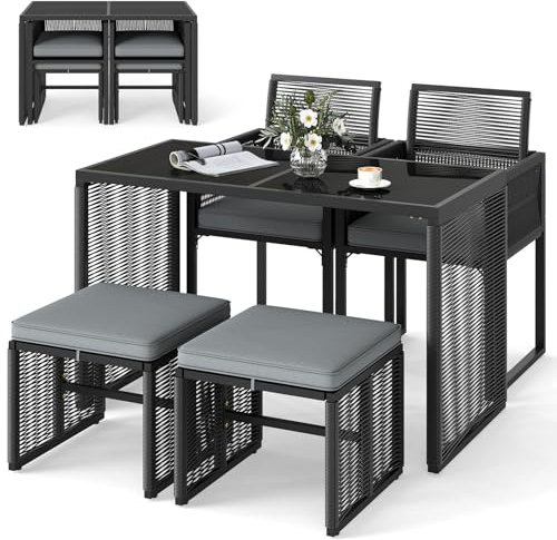 COSTWAY 5tlg. Rattan Gartenmöbel Set, Balkonmöbel, Balkonset inkl. 2 Stühle mit Kissen, Hocker & Tisch, Terrassenmöbel, platzsparendes Gartenset mit klappbarer Rückenlehne, Sitzgruppe für Garten