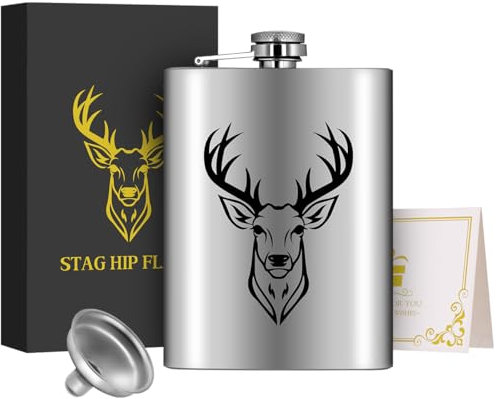 8oz/237ml Flasque de Poche en Acier Inoxydable, Motif de Tête de Cerf Noir, avec Entonnoirs, Carte de Voeux et Boîte Cadeau, Portable Étanche Flasque, pour Camping, Randonnée, Activités de Plein Air