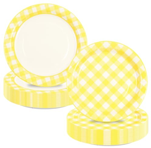EVYIENEN 50Pcs Yellow Gingham Paper Plates,7 Inch Checkered Plaid Dessert Plates Disposable Yellow and White Paper Plate for Fall Halloween Christmas Birthday Dinner Party Supplies