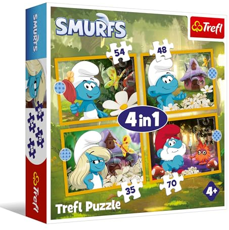 Trefl - Die Schlümpfe, Das Leben im Dorf der Schlümpfe – 4-in-1-Puzzle, 4 Puzzles, 35 bis 70 Teile – Bunte Puzzles mit den Figuren aus dem Film, für den Spaß der Kinder ab 4 Jahren