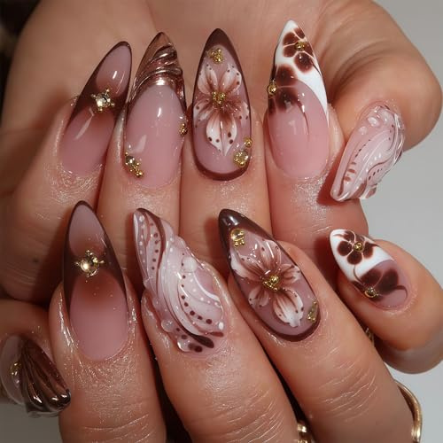 Bubaxuce Conseils Français Faux Ongles Taille Moyenne En Amande Avec Design Charme Fleur 5D Ongles Autocollants Brillants Marron Effet Vague Eau Strass Réutilisables