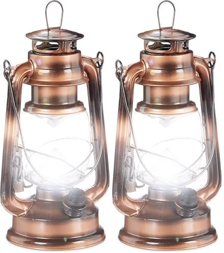 Relaxdays Sturmlaterne LED, Retro Sturmlampe als Fensterdeko oder elektrische Gartenlaterne, batteriebetrieben, Kupfer, 24 x 15 x 11.5 cm (Packung mit 2)