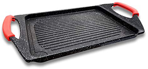 Cflagrant® Plancha/Grill Façon Pierre avec Poignées Silicone Amovible Tous Feux Dont Induction sans PFOA Cuisson sans Matière Grasse (35x22cm)