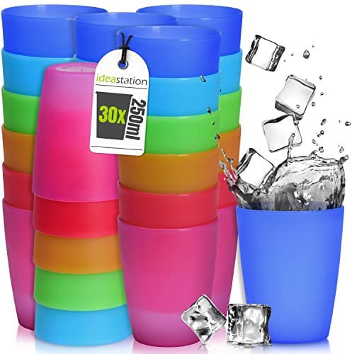 idea-station NEO Plastikbecher 30 x 250 ml - bunt - bruchsichere Trinkbecher Kinder - wiederverwendbare Becher aus Plastik - perfekt für Party, Outdoor, Camping