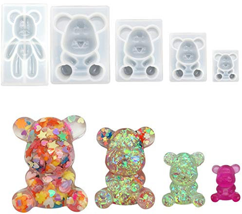 Bear Resin Moulds, 5 Pcs 3D Cute Teddy Bear Silicone Moulds Crystal Epoxy Resin Molds for Jewellery Making Keychain Pendant DIY Craft Handmade Gift (Clear A)