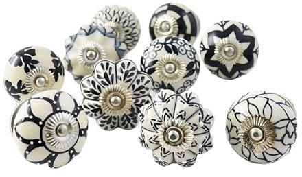 Ajuny Keramikknöpfe Vintage Stil Schwarz Weiß Handbemalt Keramik Kürbis und Runde Schrank Schubladengriffe 10er Set
