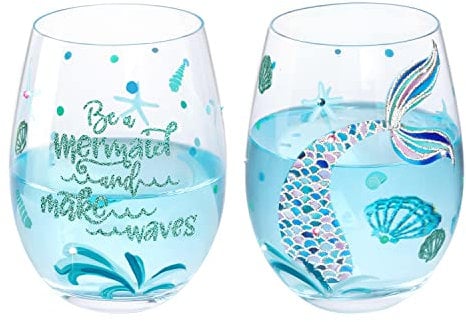 NymphFable Set of 2 Stemless Wine Gin Glass Hand Painted Mermaid Gifts Personalised Wine Tumbler Gift for Women Friend 18oz