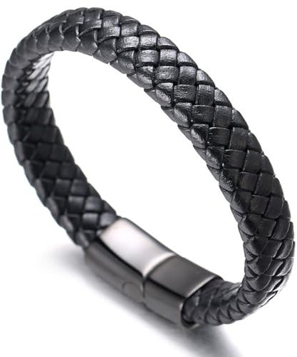 HALUKAKAH ● Solo ● Men's Genuine Black Leather Bracelet Classic Style Black Titanium Clasp with Magnets 8.46(21.5cm) with Free Giftbox