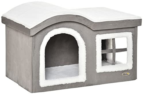 Pawhut Casetta per Gatti da Interno con 2 Entrate e Finestra, Cuscino e Base Antiscivolo, 63.5x37x40cm, Grigio