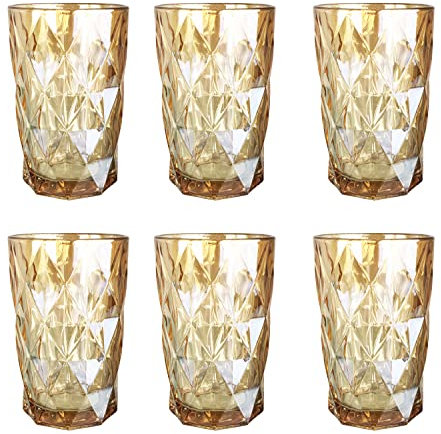 Vintage 6er-Set Farbige Weingläser und Trinkgläser mit Diamant Muster (Rombus) Longdrinkgläser, Cocktail Gläser mit Prägung, Glas, Trinkglas, Weinglas, Wasserglas, Glaskelche (Gold-Glanz Trinkglas)