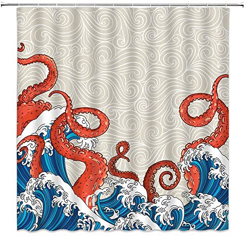 Kraken Duschvorhang, Motiv: rote Oktopus, Malerei, Meereskarken, Ozean, Tier, rote Tentakel, Vintage-Stil, bunt, modisch, Unterwasser-Leben, Kreaturen, Badezimmer, dekorativer Vorhang mit Haken