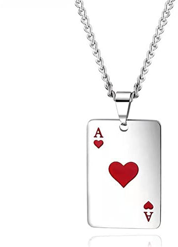 Gilieyer Pik Ass Spielkarte Halskette für Herren, Edelstahl Rock Punk Ass Anhänger Halskette Hip Hop Unisex Schmuck kleines Herz Pokerkarten Anhänger mit 24 Zoll Kette (Rot)