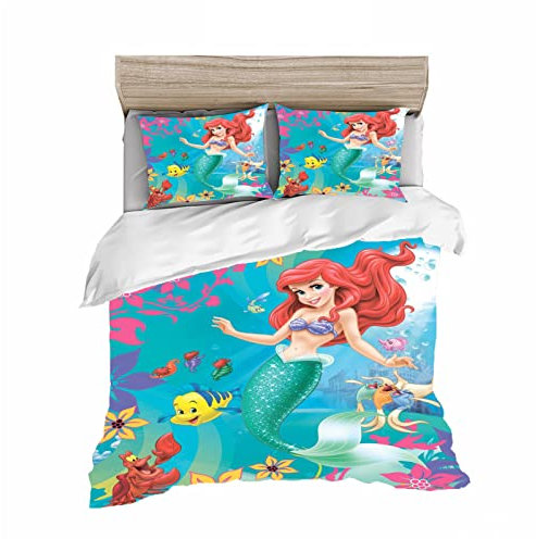 Doiicoon Princess Bettwäsche Mit Kissenbezug,100% Mikrofaser, Mermaid Arielle 3D-Digitaldruck Bettbezug Allgemein Für Kinder Und Erwachsene (5,140 x 210 cm)