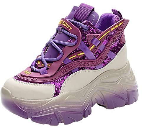 ANUFER Donna Piattaforma Alta Chunky Scarpe da Ginnastica Lucido Paillettes Moda Tacco a Zeppa Sneakers Viola SN070147 EU38