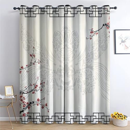 THYUNQ Rideau Occultant, Motif Fleuri Chinois - Rideaux Thermiques Imprimé pour Salon Chambre Fenetre, Lot de 2 Rideaux et Draperies Intérieurs à Oeillets, 140x200 cm (L x H)