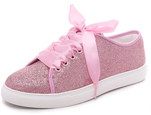 Elivandon Wedding Shoes Bling Bridal Sneakers Flats Bride Tennis Shoes Shiny Sequin Sparkly Sneakers Pink, Size 5.5 UK/39 EU