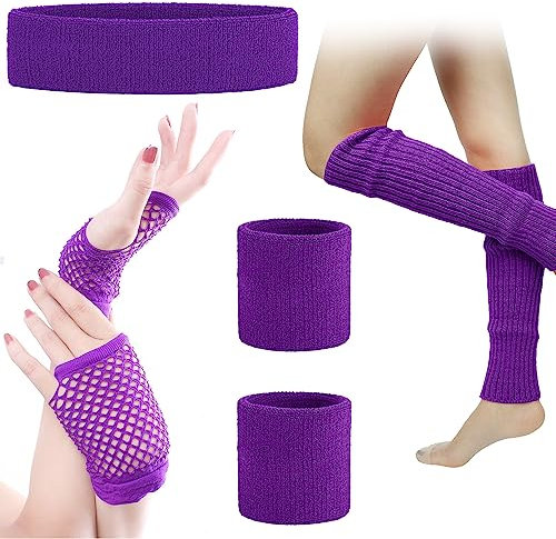 Leg Warmers Fishnet Gloves Headband Wristbands Neon Set, 80s Women Fancy Dress Costume Accessories, 1980s Retro Theme Party Costumes (Purple)