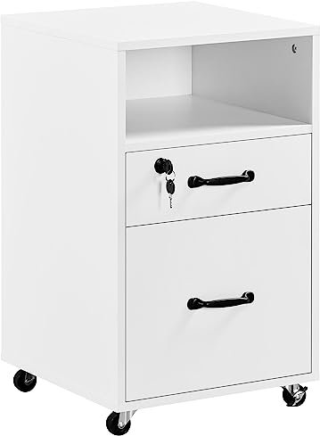 Yaheetech Caisson de Bureau sur roulettes à 2 Tiroirs, Meuble Rangement de doissier doucument, Compartiment Ouvert, 40 × 40 × 65,5 cm Blanc