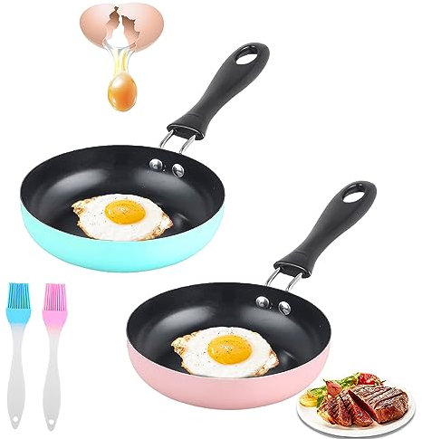 Delamiya 2 Stück Mini Bratpfanne, 12cm Kleine Pfanne Spiegeleipfanne Mini Antihaftbeschichtet Eierpfanne Hitzebeständig Tragbare Edelstahl Frying Pan für Camping Kochen Eiern Speck Steak (Pink)