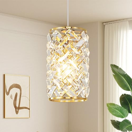 Biewalk 10.2in Adjustable Gold Crystal Pendant Lights for Kitchen Island | 83Flexible Height, Geometric Design Frame Metal, K9 Crystal, Universal E26 Base, For Dinning Room Entryway