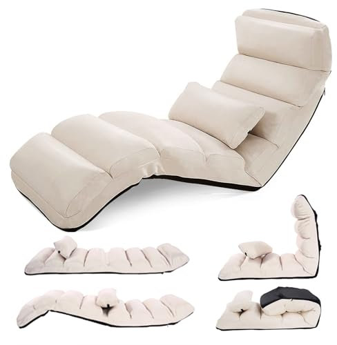 COSTWAY Sillón Cama Plegable en 5 Posiciones, Silla de Suelo con Respaldo Ajustable, Sofá Perezoso Individual con Reposacabezas Ideal para Jugar, Dormir, y Leer, Capacidad de Carga de 100 kg (Beige)