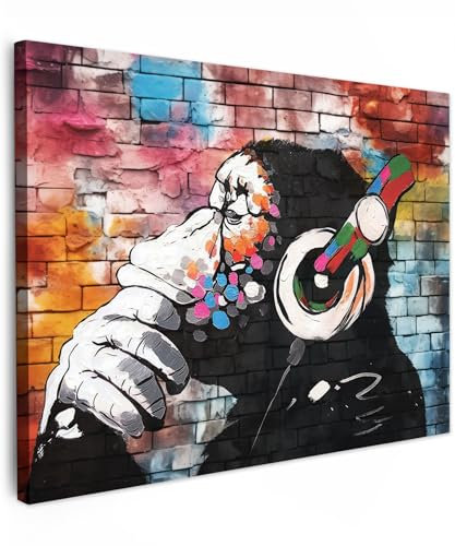 MuchoWow© Leinwand 40x30 cm Deko Schlafzimmer Aesthetic Leinwandbilder Wohnzimmer Gemälde Foto Geschenk Living Room Decoration Affe - Graffiti - Musik - Kunst