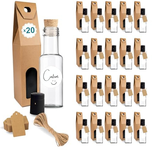 20 Petites Bouteilles en Verre 100ml avec Bouchon en Liège + 20 Boîtes + 20 Sceaux + 20 Étiquettes Autocollantes + 20 Étiquettes Kraft + Ficelle | Liqueur, Whiskey, Rhum | Échantillons et Souvenirs