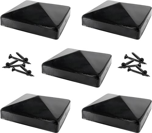 IRONTITE® 5 Pack Metal Fence Post Caps 4x4 Black, Newel Post Cap Fence Toppers to Suit 100mm (4) Square Fence Newel Posts. Protect Your Posts with This Pyramid Fence Post Protector (Black)