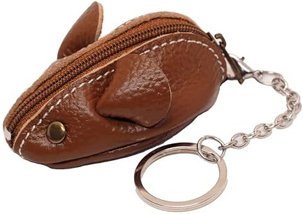 BAWAKO Mini Maus Schlüsselanhänger aus Leder Kleingeldbörse Mäuschen - Mini Schlüsseltasche Münzbörse Schlüsselring Kinder und Erwachsene (Braun)