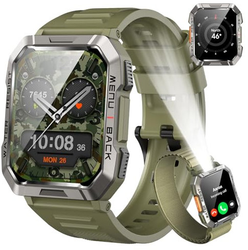 Smartwatch Herren Militär, 100 Tage Akkulaufzeit/LED Taschenlampe/Kompass/2 Armbänders/IP68 Wasserdicht, 100+Sportmodi Sportuhr, Anrufe tätigen/Empfangen Smartwatch Outdoor Fitnessuhr für Android iOS