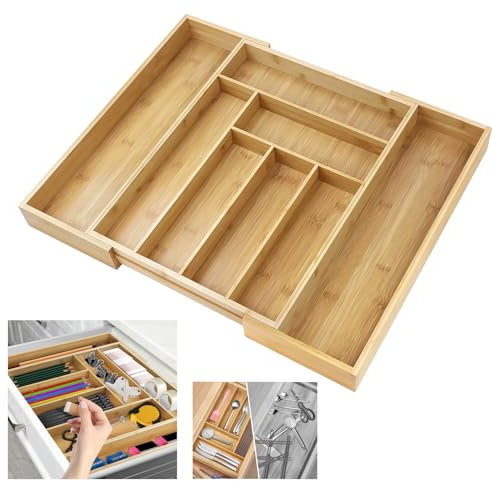 HSHa Cutlery Drawer Organiser, Expandable Cutlery Trays for Kitchen Drawers, 6 to 8 Compartment Cutlery Utensil Drawer Organiser, Bamboo Extendable Cutlery Tray