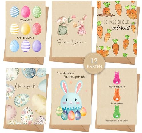 Goldziples 12 Osterkarten mit Umschlag Set - Hochwertiges Klappkarten mit niedlichem Hasen - A6 Frohe Ostern Set mit Sprüche - Grüße an die Familie - zum Schreiben und Drucken