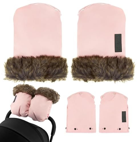 MoMi Handwärmer für Kinderwagen und Buggy, Handmuffs mit flauschigem Fleece und abnehmbarem Fellbesatz, warm und wasserabweisend, Befestigung mit Druckköpfen